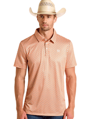 Rock & Roll Denim BM51T06614 Mens Geo Printed Polo Shirt Orange front view. If you need any assistance with this item or the purchase of this item please call us at five six one seven four eight eight eight zero one Monday through Saturday 10:00a.m EST to 8:00 p.m EST