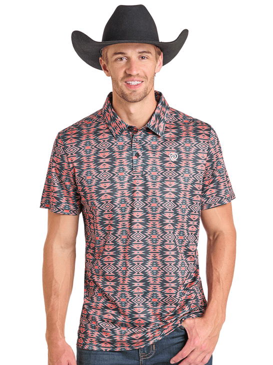 Rock & Roll Denim BM51T07274 Mens Aztec Tiger Polo Black front view. If you need any assistance with this item or the purchase of this item please call us at five six one seven four eight eight eight zero one Monday through Saturday 10:00a.m EST to 8:00 p.m EST