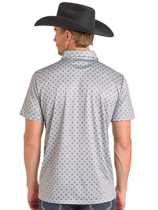 Rock & Roll Denim BM51T07278 Mens Medallion Printed Polo Silver Grey back view. If you need any assistance with this item or the purchase of this item please call us at five six one seven four eight eight eight zero one Monday through Saturday 10:00a.m EST to 8:00 p.m EST