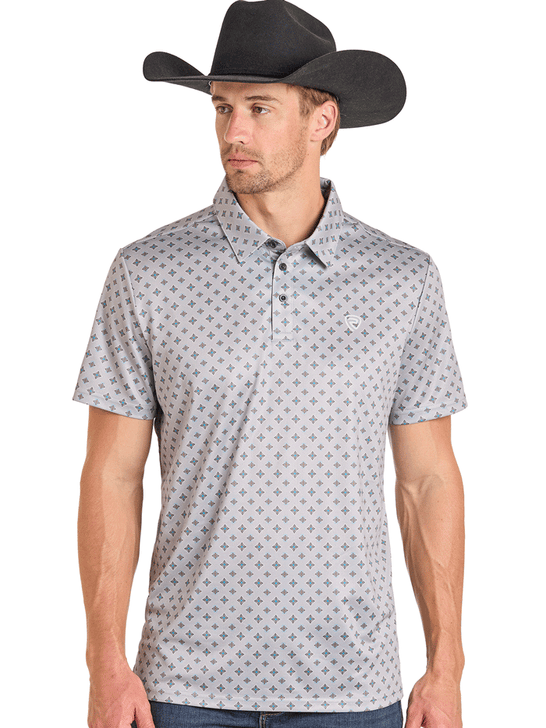 Rock & Roll Denim BM51T07278 Mens Medallion Printed Polo Silver Grey front view. If you need any assistance with this item or the purchase of this item please call us at five six one seven four eight eight eight zero one Monday through Saturday 10:00a.m EST to 8:00 p.m EST