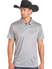 Rock & Roll Denim BM51T07278 Mens Medallion Printed Polo Silver Grey front view. If you need any assistance with this item or the purchase of this item please call us at five six one seven four eight eight eight zero one Monday through Saturday 10:00a.m EST to 8:00 p.m EST