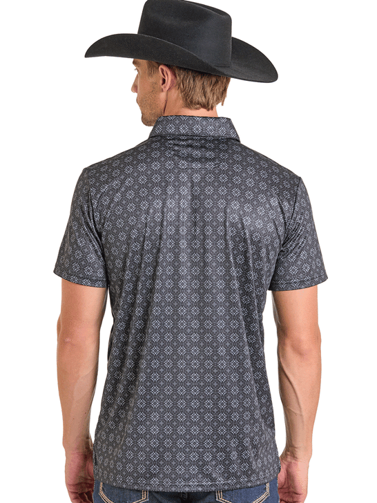 Man wearing a patterned short-sleeve shirt and cowboy hat on a white background back view. If you need any assistance with this item or the purchase of this item please call us at five six one seven four eight eight eight zero one Monday through Saturday 10:00a.m EST to 8:00 p.m EST
