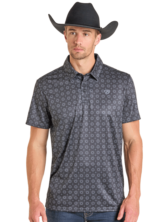 Man wearing a patterned polo shirt and cowboy hat on a white background front view. If you need any assistance with this item or the purchase of this item please call us at five six one seven four eight eight eight zero one Monday through Saturday 10:00a.m EST to 8:00 p.m EST
