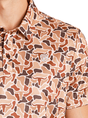 Rock & Roll Denim BM51T08354 Mens Camo Printed Mesh Polo Camel Tan front close up view. If you need any assistance with this item or the purchase of this item please call us at five six one seven four eight eight eight zero one Monday through Saturday 10:00a.m EST to 8:00 p.m EST