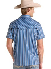 Rock & Roll Denim BM51T09590 Mens Stripe Print Western Polo Blue back view. If you need any assistance with this item or the purchase of this item please call us at five six one seven four eight eight eight zero one Monday through Saturday 10:00a.m EST to 8:00 p.m EST