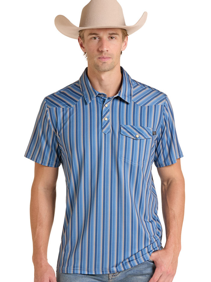 Rock & Roll Denim BM51T09590 Mens Stripe Print Western Polo Blue front view. If you need any assistance with this item or the purchase of this item please call us at five six one seven four eight eight eight zero one Monday through Saturday 10:00a.m EST to 8:00 p.m EST
