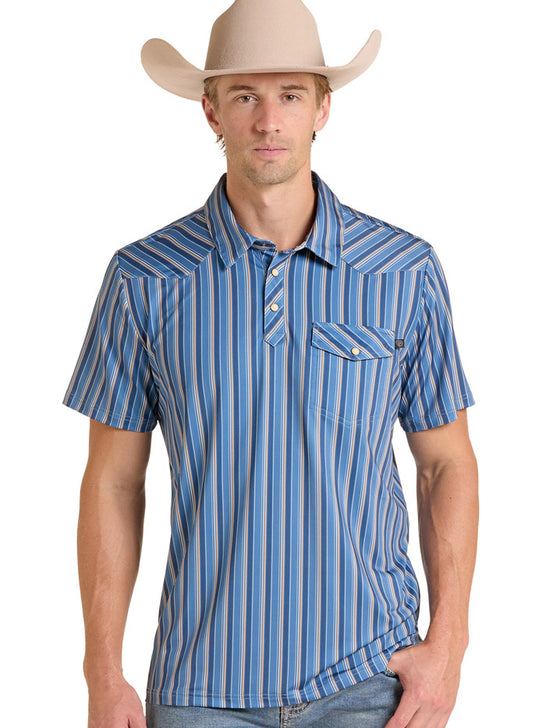 Rock & Roll Denim BM51T09590 Mens Stripe Print Western Polo Blue front view. If you need any assistance with this item or the purchase of this item please call us at five six one seven four eight eight eight zero one Monday through Saturday 10:00a.m EST to 8:00 p.m EST
