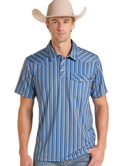 Rock & Roll Denim BM51T09590 Mens Stripe Print Western Polo Blue front view. If you need any assistance with this item or the purchase of this item please call us at five six one seven four eight eight eight zero one Monday through Saturday 10:00a.m EST to 8:00 p.m EST
