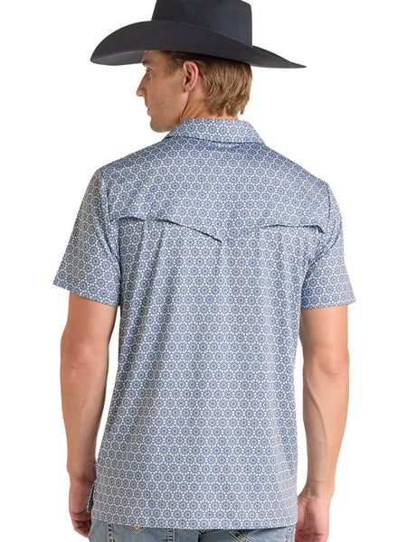 Rock & Roll Denim BM51T09595 Mens Medallion Printed Polo Light Blue back view. If you need any assistance with this item or the purchase of this item please call us at five six one seven four eight eight eight zero one Monday through Saturday 10:00a.m EST to 8:00 p.m EST