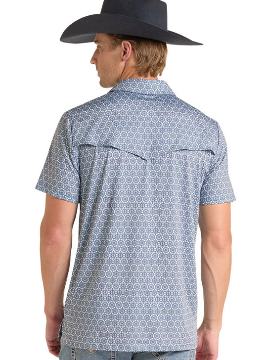 Rock & Roll Denim BM51T09595 Mens Medallion Printed Polo Light Blue back view. If you need any assistance with this item or the purchase of this item please call us at five six one seven four eight eight eight zero one Monday through Saturday 10:00a.m EST to 8:00 p.m EST