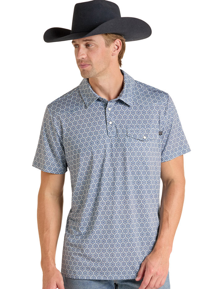 Rock & Roll Denim BM51T09595 Mens Medallion Printed Polo Light Blue front view. If you need any assistance with this item or the purchase of this item please call us at five six one seven four eight eight eight zero one Monday through Saturday 10:00a.m EST to 8:00 p.m EST
