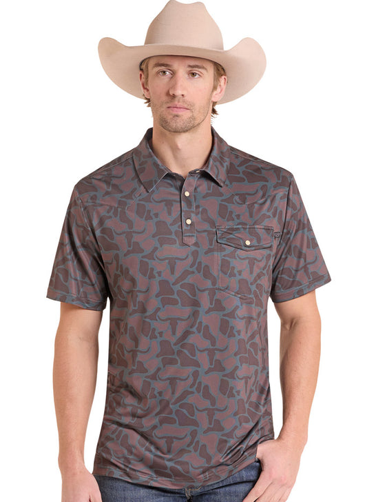 Rock & Roll Denim BM51T10069 Mens Camo Core Western Polo Chocolate