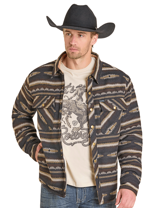 Rock & Roll Denim BM92C06729 Mens Aztec Shirt Jacket Dark Brown front view. If you need any assistance with this item or the purchase of this item please call us at five six one seven four eight eight eight zero one Monday through Saturday 10:00a.m EST to 8:00 p.m EST
