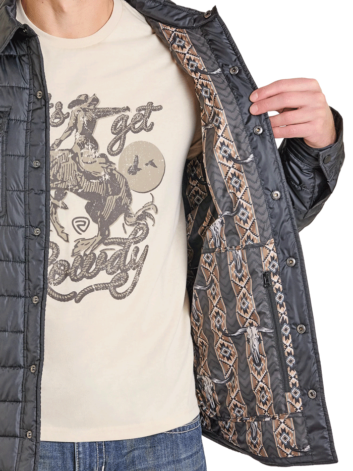 Rock & Roll Denim BM92C06748 Mens Puffer Print Lined Shirt Jacket Black front view. If you need any assistance with this item or the purchase of this item please call us at five six one seven four eight eight eight zero one Monday through Saturday 10:00a.m EST to 8:00 p.m EST