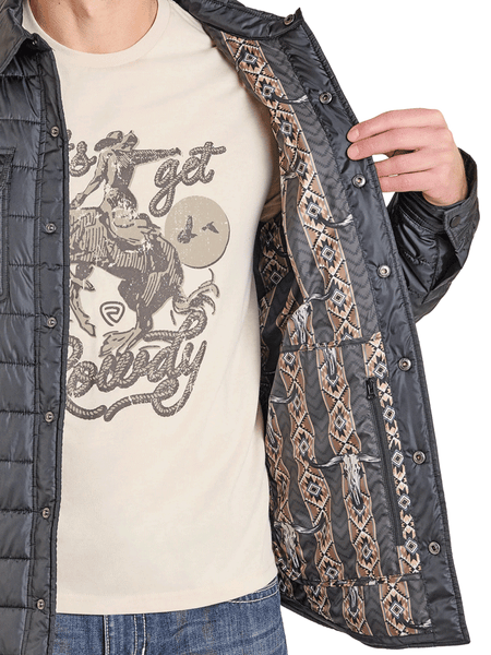 Rock & Roll Denim BM92C06748 Mens Puffer Print Lined Shirt Jacket Black inside view. If you need any assistance with this item or the purchase of this item please call us at five six one seven four eight eight eight zero one Monday through Saturday 10:00a.m EST to 8:00 p.m EST