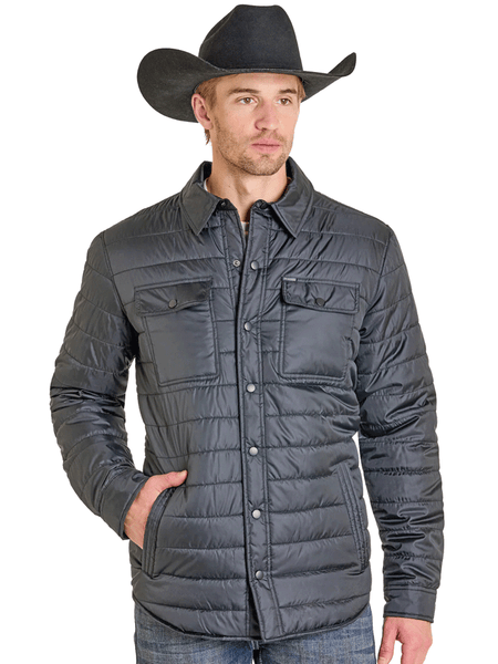 Rock & Roll Denim BM92C06748 Mens Puffer Print Lined Shirt Jacket Black front view. If you need any assistance with this item or the purchase of this item please call us at five six one seven four eight eight eight zero one Monday through Saturday 10:00a.m EST to 8:00 p.m EST