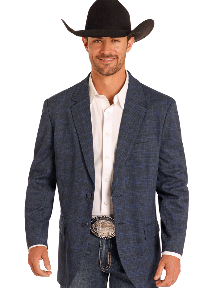 Rock Roll Denim BM96C03706 Mens Plaid Western Sports Coat Navy