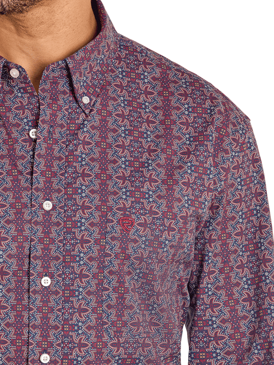 Rock & Roll Denim BMB2S07658 Mens Long Sleeve Boot Stitch Print Shirt Burgundy front close up. If you need any assistance with this item or the purchase of this item please call us at five six one seven four eight eight eight zero one Monday through Saturday 10:00a.m EST to 8:00 p.m EST