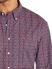 Rock & Roll Denim BMB2S07658 Mens Long Sleeve Boot Stitch Print Shirt Burgundy front close up. If you need any assistance with this item or the purchase of this item please call us at five six one seven four eight eight eight zero one Monday through Saturday 10:00a.m EST to 8:00 p.m EST