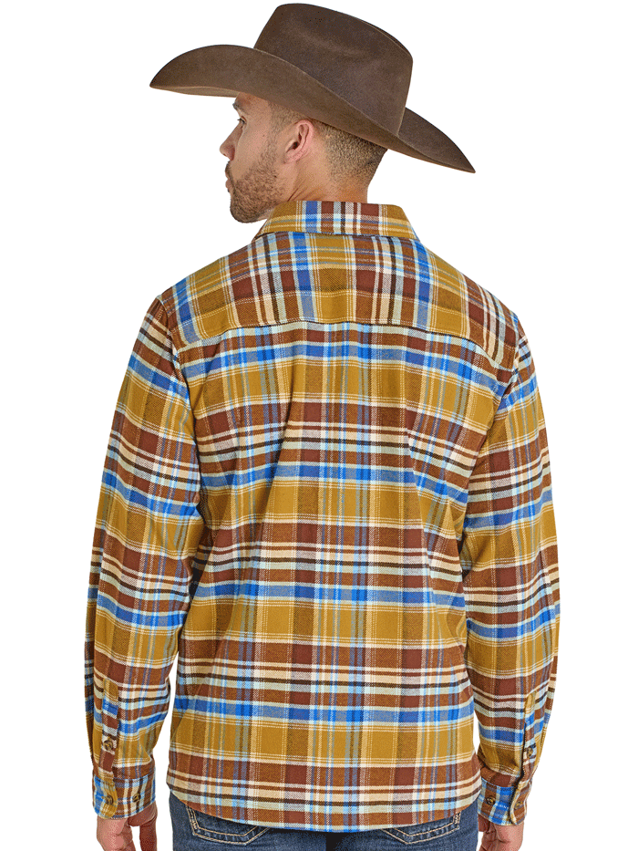 Rock & Roll Denim BMB2S07728 Mens Brushed Twill Plaid Flannel Shirt Gold front view. If you need any assistance with this item or the purchase of this item please call us at five six one seven four eight eight eight zero one Monday through Saturday 10:00a.m EST to 8:00 p.m EST