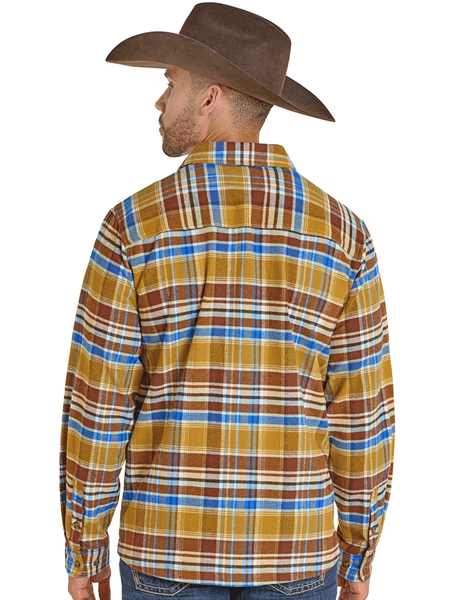 Rock & Roll Denim BMB2S07728 Mens Brushed Twill Plaid Flannel Shirt Gold back view. If you need any assistance with this item or the purchase of this item please call us at five six one seven four eight eight eight zero one Monday through Saturday 10:00a.m EST to 8:00 p.m EST