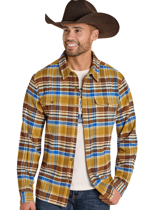 Rock & Roll Denim BMB2S07728 Mens Brushed Twill Plaid Flannel Shirt Gold front view. If you need any assistance with this item or the purchase of this item please call us at five six one seven four eight eight eight zero one Monday through Saturday 10:00a.m EST to 8:00 p.m EST
