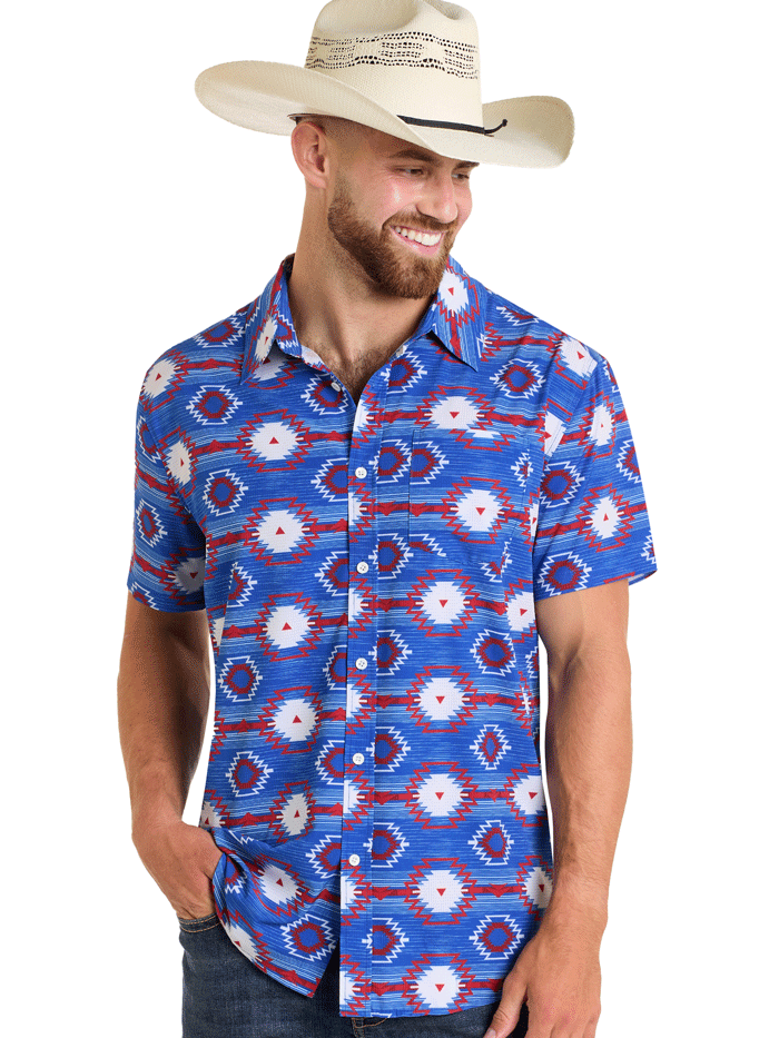Rock & Roll Denim BMB3S06442 Mens Tek Western Short Sleeve Aztec