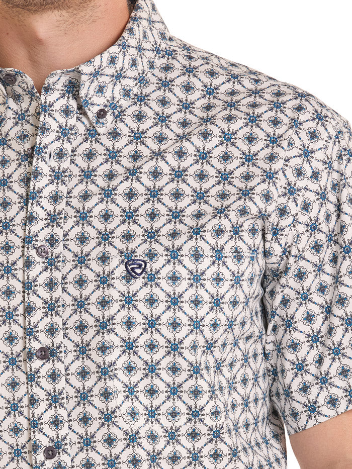 Rock & Roll Denim BMB3S08661 Mens Medallion Print Short Sleeve Shirt Blue front view. If you need any assistance with this item or the purchase of this item please call us at five six one seven four eight eight eight zero one Monday through Saturday 10:00a.m EST to 8:00 p.m EST
