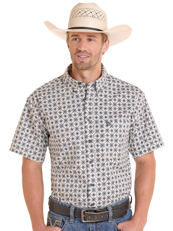 Rock & Roll Denim BMB3S08661 Mens Medallion Print Short Sleeve Shirt Blue front view. If you need any assistance with this item or the purchase of this item please call us at five six one seven four eight eight eight zero one Monday through Saturday 10:00a.m EST to 8:00 p.m EST
