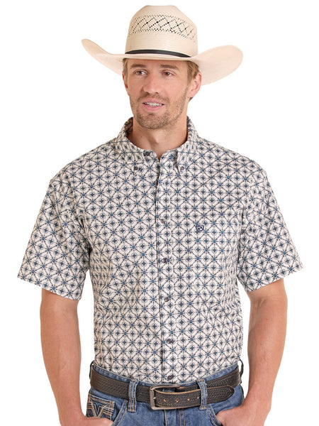 Rock & Roll Denim BMB3S08661 Mens Medallion Print Short Sleeve Shirt Blue front view. If you need any assistance with this item or the purchase of this item please call us at five six one seven four eight eight eight zero one Monday through Saturday 10:00a.m EST to 8:00 p.m EST
