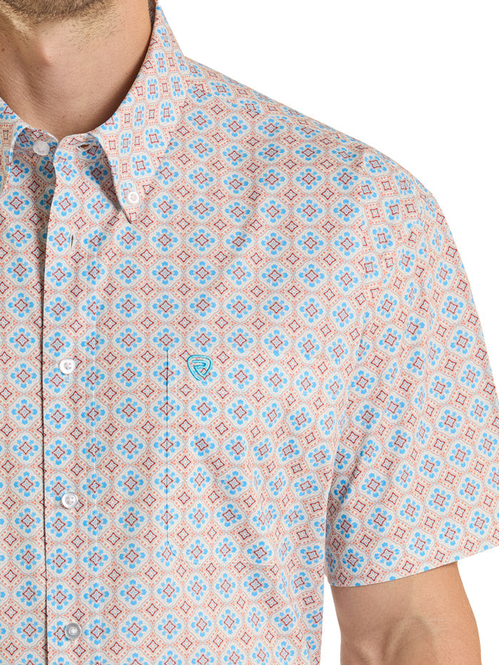 Rock & Roll Denim BMB3S08670 Mens Medallion Print Short Sleeve Shirt Orange front view. If you need any assistance with this item or the purchase of this item please call us at five six one seven four eight eight eight zero one Monday through Saturday 10:00a.m EST to 8:00 p.m EST