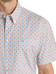 Rock & Roll Denim BMB3S08670 Mens Medallion Print Short Sleeve Shirt Orange front close up view. If you need any assistance with this item or the purchase of this item please call us at five six one seven four eight eight eight zero one Monday through Saturday 10:00a.m EST to 8:00 p.m EST