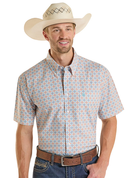 Rock & Roll Denim BMB3S08670 Mens Medallion Print Short Sleeve Shirt Orange front view. If you need any assistance with this item or the purchase of this item please call us at five six one seven four eight eight eight zero one Monday through Saturday 10:00a.m EST to 8:00 p.m EST