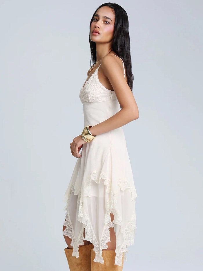 Miss Me BMD0016T-OFFWHT Womens Ester Lace Midi Dress White front view. If you need any assistance with this item or the purchase of this item please call us at five six one seven four eight eight eight zero one Monday through Saturday 10:00a.m EST to 8:00 p.m EST