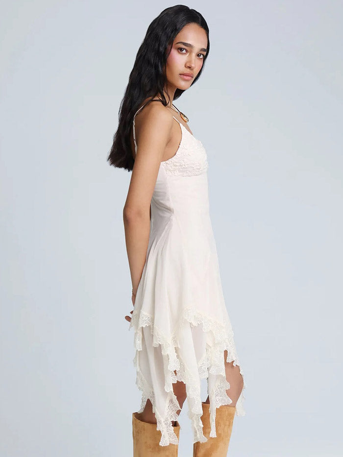 Miss Me BMD0016T-OFFWHT Womens Ester Lace Midi Dress White front view. If you need any assistance with this item or the purchase of this item please call us at five six one seven four eight eight eight zero one Monday through Saturday 10:00a.m EST to 8:00 p.m EST