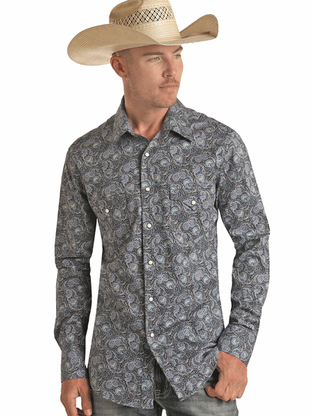 Rock & Roll Denim BMN2S03340 Mens Long Sleeve Paisley Snap Shirt Blue front view. If you need any assistance with this item or the purchase of this item please call us at five six one seven four eight eight eight zero one Monday through Saturday 10:00a.m EST to 8:00 p.m EST