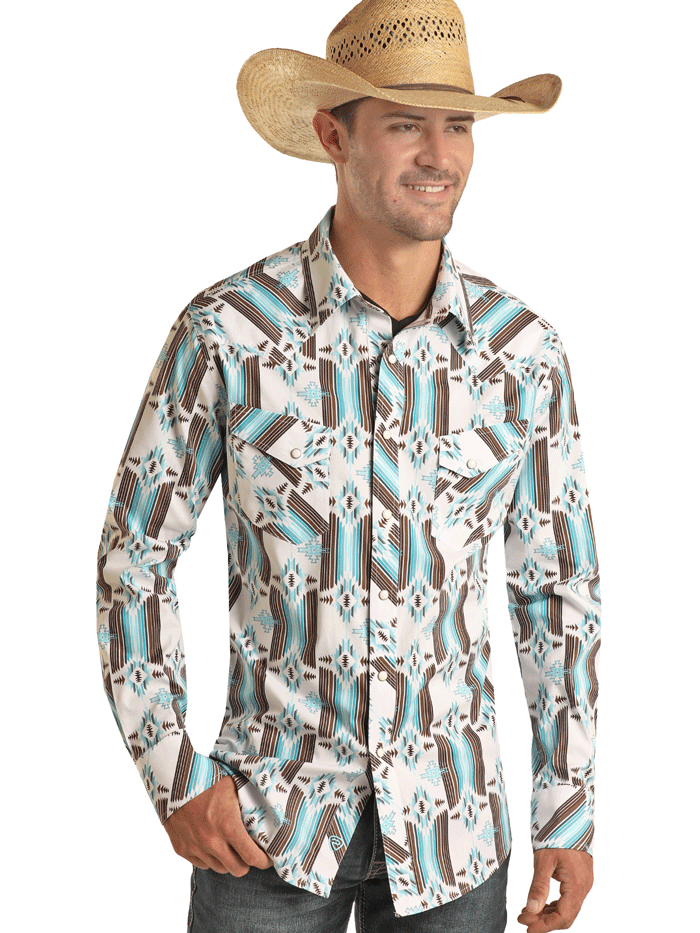 Rock Roll Denim BMN2S03359 Mens Aztec Print Long Sleeve Snap Shirt Turquoise