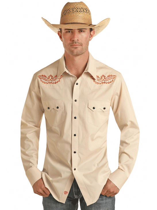 Rock & Roll Denim BMN2S03360 Mens Long Sleeve Embroidery Snap Shirt Beige front view. If you need any assistance with this item or the purchase of this item please call us at five six one seven four eight eight eight zero one Monday through Saturday 10:00a.m EST to 8:00 p.m EST