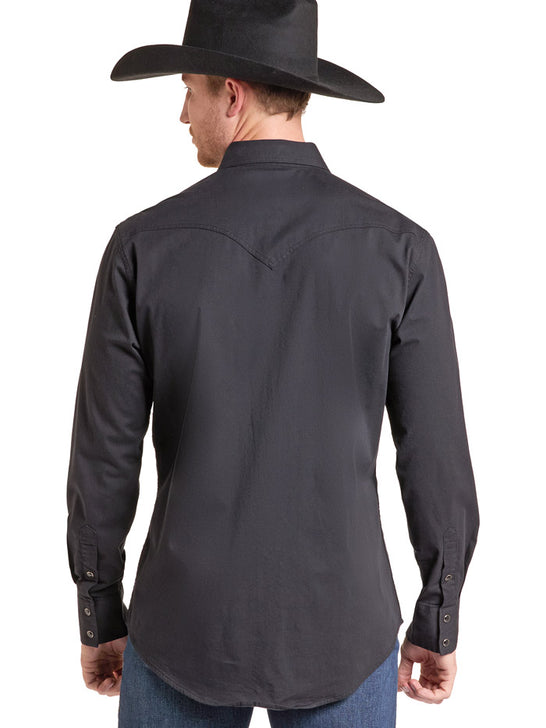 A man wearing a dark charcoal gray western long-sleeve shirt and a black cowboy hat, shown from the back against a plain white background. If you need any assistance with this item or the purchase of this item please call us at five six one seven four eight eight eight zero one Monday through Saturday 10:00a.m EST to 8:00 p.m EST