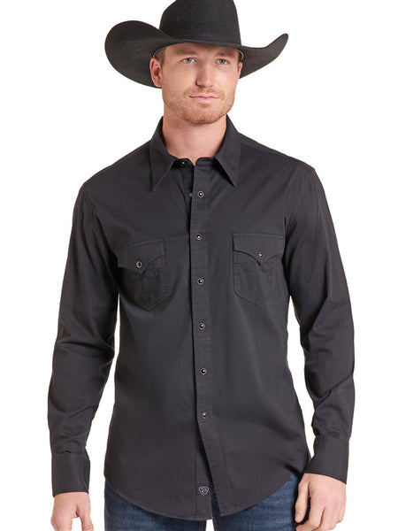 A man wearing a black long-sleeve western button-up shirt and a black cowboy hat, shown from the waist up against a plain white background. If you need any assistance with this item or the purchase of this item please call us at five six one seven four eight eight eight zero one Monday through Saturday 10:00a.m EST to 8:00 p.m EST