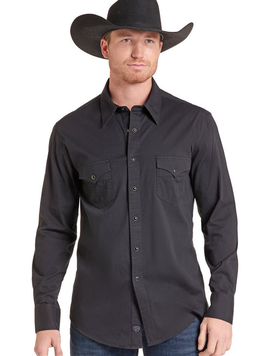 A man wearing a black long-sleeve western button-up shirt and a black cowboy hat, shown from the waist up against a plain white background. If you need any assistance with this item or the purchase of this item please call us at five six one seven four eight eight eight zero one Monday through Saturday 10:00a.m EST to 8:00 p.m EST