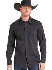 A man wearing a black long-sleeve western button-up shirt and a black cowboy hat, shown from the waist up against a plain white background. If you need any assistance with this item or the purchase of this item please call us at five six one seven four eight eight eight zero one Monday through Saturday 10:00a.m EST to 8:00 p.m EST