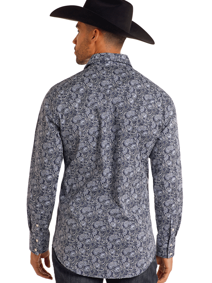 Rock & Roll Denim BMN2S05485 Mens Long Sleeve Paisley Snap Shirt Blue front. If you need any assistance with this item or the purchase of this item please call us at five six one seven four eight eight eight zero one Monday through Saturday 10:00a.m EST to 8:00 p.m EST