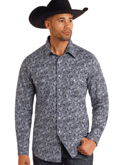 Rock & Roll Denim BMN2S05485 Mens Long Sleeve Paisley Snap Shirt Blue front. If you need any assistance with this item or the purchase of this item please call us at five six one seven four eight eight eight zero one Monday through Saturday 10:00a.m EST to 8:00 p.m EST