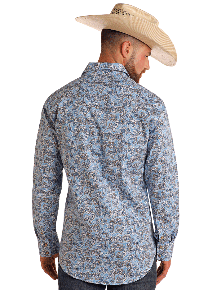 Rock & Roll Denim BMN2S05858 Mens Long Sleeve Paisley Print Snap Shirt Powder Blue front view. If you need any assistance with this item or the purchase of this item please call us at five six one seven four eight eight eight zero one Monday through Saturday 10:00a.m EST to 8:00 p.m EST

