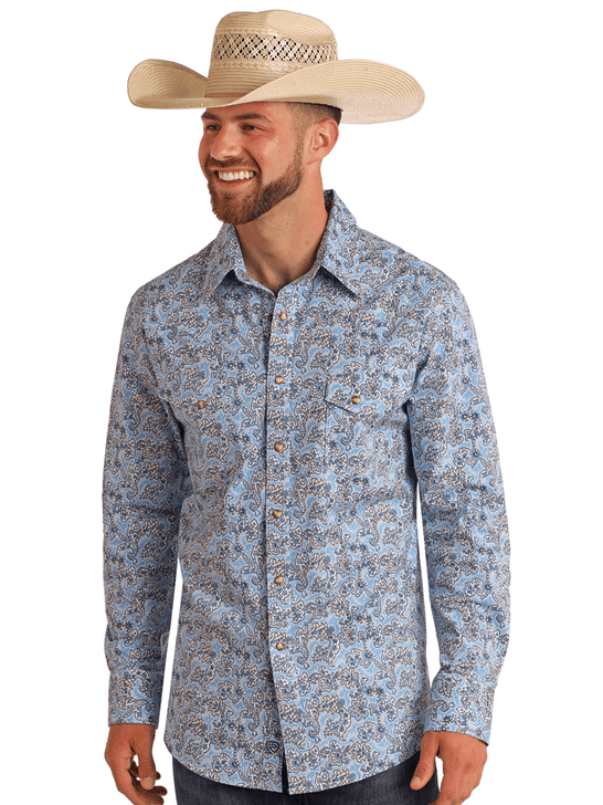 Rock & Roll Denim BMN2S05858 Mens Long Sleeve Paisley Print Snap Shirt Powder Blue front view. If you need any assistance with this item or the purchase of this item please call us at five six one seven four eight eight eight zero one Monday through Saturday 10:00a.m EST to 8:00 p.m EST

