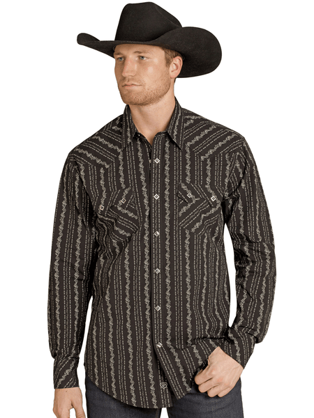 Rock & Roll Denim BMN2S07632 Mens Wallpaper Print Long Sleeve Snap Shirt Black front view. If you need any assistance with this item or the purchase of this item please call us at five six one seven four eight eight eight zero one Monday through Saturday 10:00a.m EST to 8:00 p.m EST