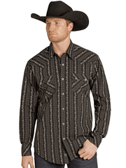 Rock & Roll Denim BMN2S07632 Mens Wallpaper Print Long Sleeve Snap Shirt Black front view. If you need any assistance with this item or the purchase of this item please call us at five six one seven four eight eight eight zero one Monday through Saturday 10:00a.m EST to 8:00 p.m EST