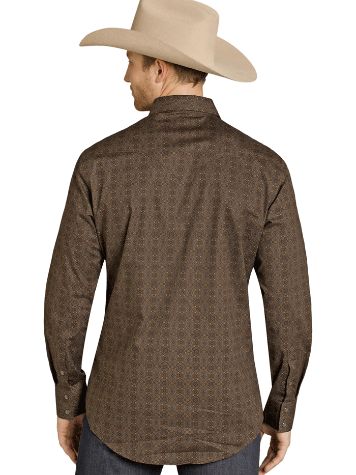 Rock & Roll Denim BMN2S07637 Mens Medallion Print Long Sleeve Snap Shirt Dark Brown front view. If you need any assistance with this item or the purchase of this item please call us at five six one seven four eight eight eight zero one Monday through Saturday 10:00a.m EST to 8:00 p.m EST