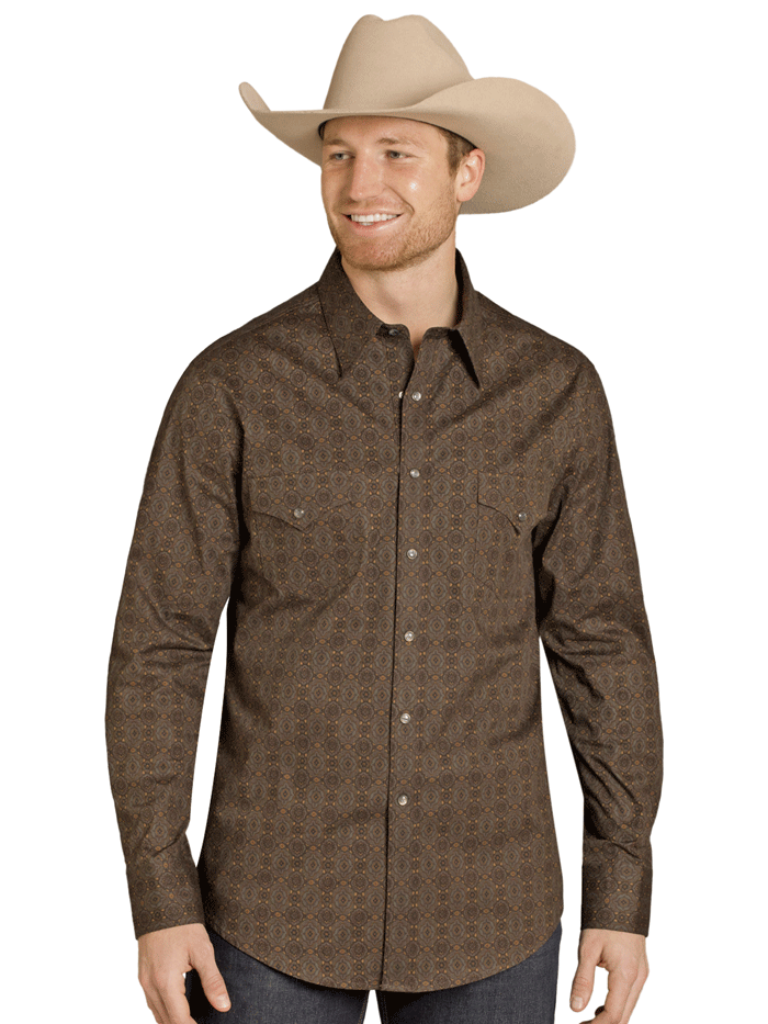 Rock & Roll Denim BMN2S07637 Mens Medallion Print Long Sleeve Snap Shirt Dark Brown front view. If you need any assistance with this item or the purchase of this item please call us at five six one seven four eight eight eight zero one Monday through Saturday 10:00a.m EST to 8:00 p.m EST